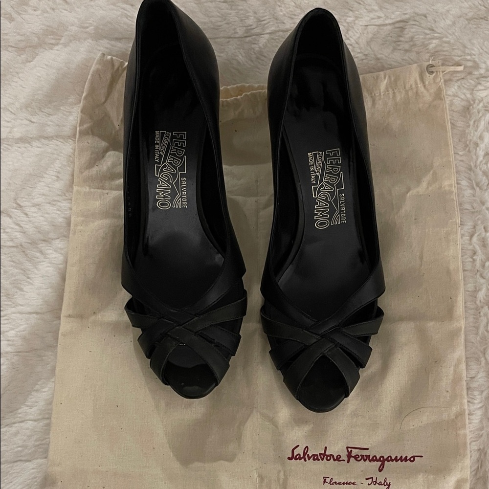 Salvatore Ferragamo Black Peep-Toe Heels - Picture 1 of 7